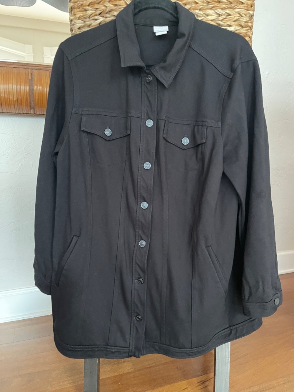Chico's stretchy jersey black button up jacket XL